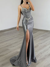 Gold Liquid Beaded Bodice Satin Prom Dress with Slit