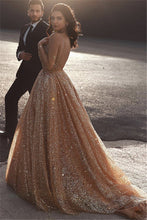 Glamorous Gold A Line Sequins Tulle Long Prom Dress with Ruffles