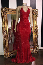 Glamour Red Hot Spaghetti Straps Sequin Mermaid Prom Dress