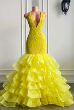Yellow Long V Neck Halter Mermaid Tulle Lace Prom Dress with Ruffle