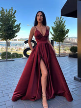 Elegant Long A-line V-Neck Front Slit Satin Prom Dress with Pockets