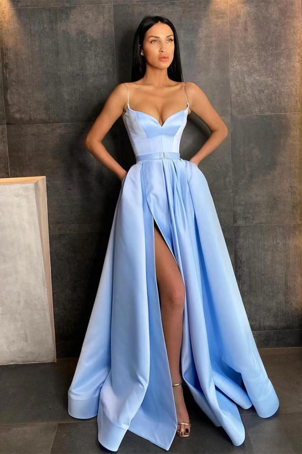 Sky Blue Spaghetti Straps Prom Dress A Line with Split