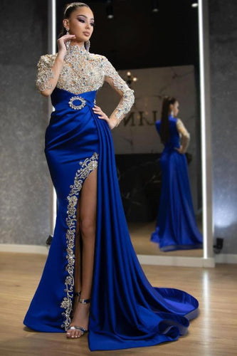 Long Sleeve Royal Blue Elegance Prom Dress with Beaded Details and Ruffled Split
