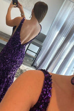 Purple V-Neck Open Back Long Mermaid Prom Dress with Featuring Sequins