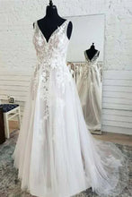 A-line Tulle V-neck Open Back Lace Sleeveless Long Wedding Dresses
