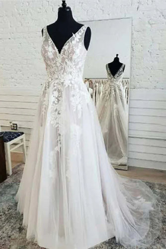 A-line Tulle V-neck Open Back Lace Sleeveless Long Wedding Dresses