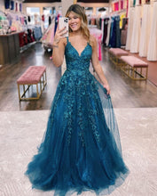 Floral Lace Glitter Tulle Prom Dress Long Ball Gown V Neck Formal Evening Dress Maxi Party Gown