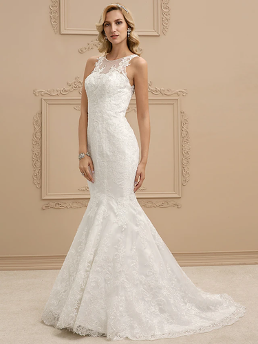 Wedding Dresses Bateau Neck  All Over Lace Regular Straps Sexy Illusion Detail Backless with Beading Appliques