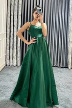 Long A-line Spaghetti Straps V-Neck Sleeveless Prom Dresses with Pockets