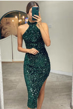 Elegant Short Mermaid Sequins Halter Party Prom Dresses with Slit