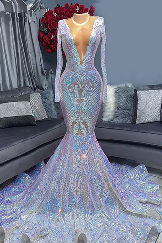 Long Sleeve V Neck Floor Length Mermaid Sequins Prom Dress