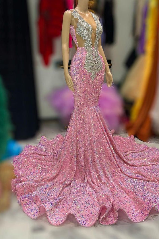 Sexy Long Mermaid V-neck Sequins Formal Prom Dress