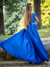 Regal Blue Off The Shoulder A-Line Satin Gown with Elegant Split Hem