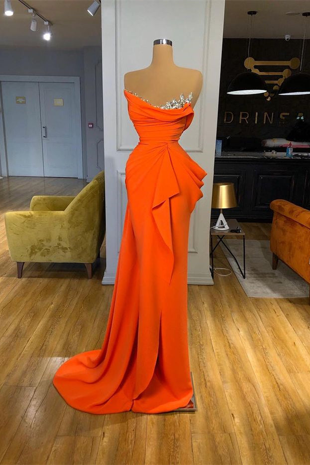 Sequined Strapless Orange Mermaid Draped Satin Long Prom Dress