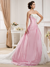 Ball Gown Wedding Dresses Strapless Chapel Train Organza Taffeta Strapless Wedding Dress in Color with Ruched Beading Appliques