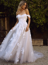 A-Line Wedding Dresses Sweetheart Neckline Court Train Lace Tulle Cap Sleeve Glamorous Backless with Appliques