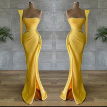 Yellow Long Mermaid Asymmetrical Beads Satin Prom Dress With Sleeves