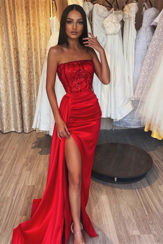 red formal dress with split Long Mermaid Strapless Satin Prom High – Anna PromDress Polyester