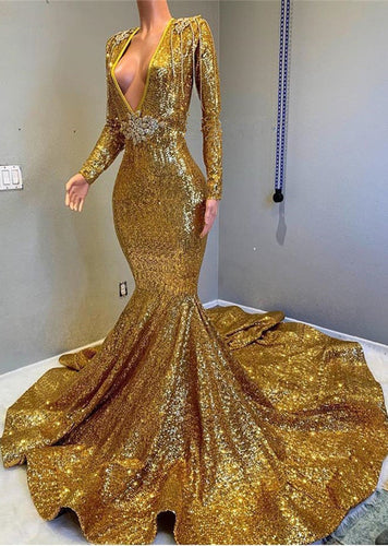 Gold Long Sequined V-Neck Bakless Mermaid Prom Dress With Sleeves