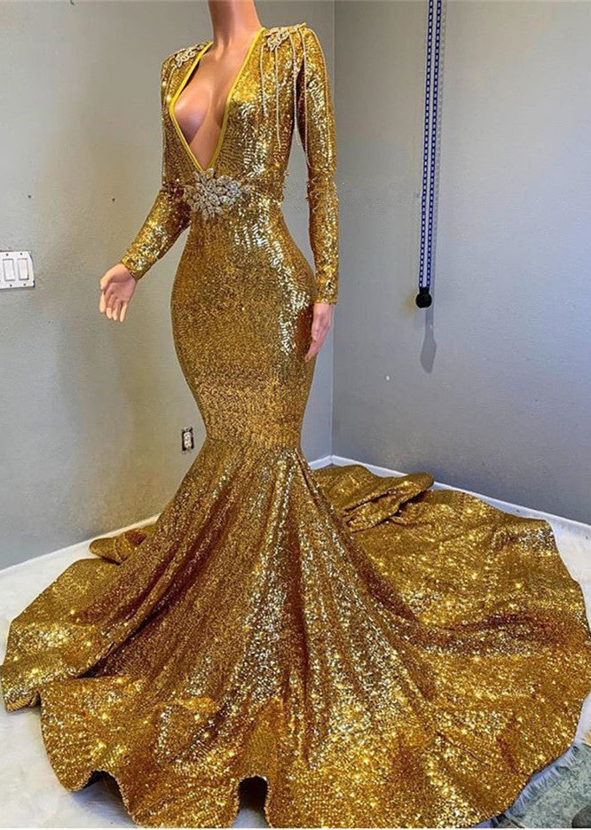 Gold Long Sequined V-Neck Bakless Mermaid Prom Dress With Sleeves