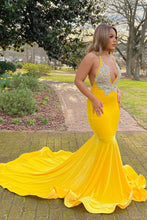 Long Mermaid V-neck Yellow Prom Dress With Applique