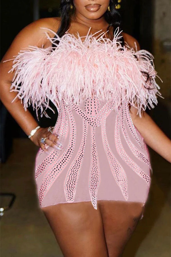 Rhinestone Girly Fluffy Mini Dress Pink Dress Short Homecoming Dress Y781