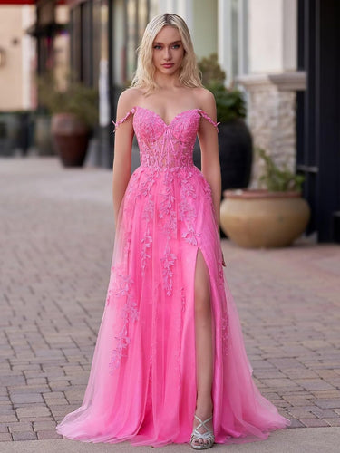 Lace Applique Tulle Prom Dresses for Women 2025 Spaghetti Straps Ball Gown Formal Evening Party Gown with Slit