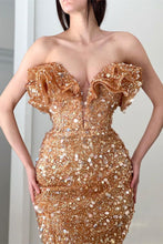 Long V Neck Pleated Sequins Mermaid Prom Dress With Slit
