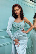 Long Sleeves Sequins Mermaid Satin Prom Dress with Slit