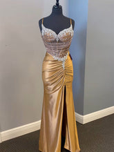Gold Rhinestone Bodice Satin Sheer Corset Prom Dress with Slit