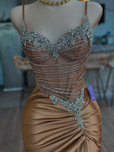 Gold Liquid Beaded Bodice Satin Prom Dress with Slit