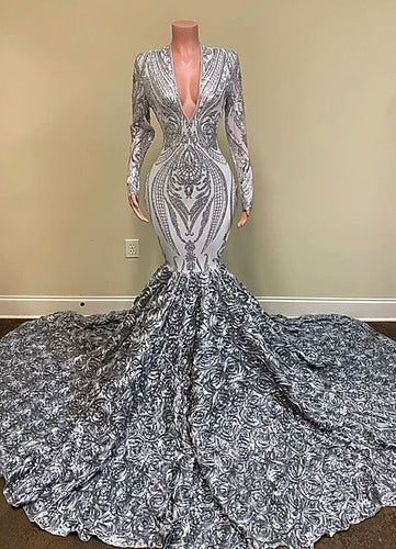 Long Sleeves V-Neck Sequins Lace Mermaid Prom Dress with Flowers Bottom