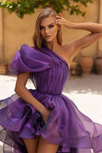 Purple One Shoulder Hi-Lo Tiered Tulle A-Line Prom Dress