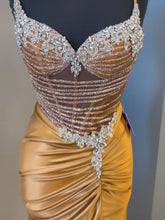 Gold Plunging V-Neck Beaded Bodice Satin Prom Dress with Slit