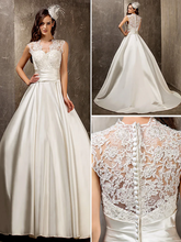 A-Line Wedding Dresses Queen Anne  Lace Satin Sleeveless See-Through with Sash  Ribbon Beading Appliques