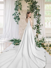 Wedding Dresses V Neck Chapel Train Short  Mini Satin Sleeveless Simple with Split Front