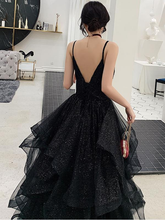 Shiny Black V Neck Prom Dresses, Backless Black V Neck Formal Evening Dress Y1767