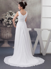A-Line Wedding Dresses V Neck Chapel Train Chiffon Satin Regular Straps with Crystals Beading Draping