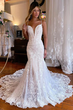 Mermaid Spaghetti Straps Backless Long Lace Wedding Dress