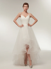 A-Line Wedding Dresses V Neck Asymmetrical Tulle Spaghetti Strap Simple Casual Little White Dress with Side-Draped