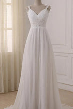 Simple Chiffon V Neck Straps Wedding Dresses with Sweep Train