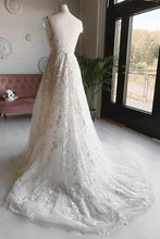 A-line Tulle V-neck Sleeveless Open Back Long Lace Flower Wedding Dresses