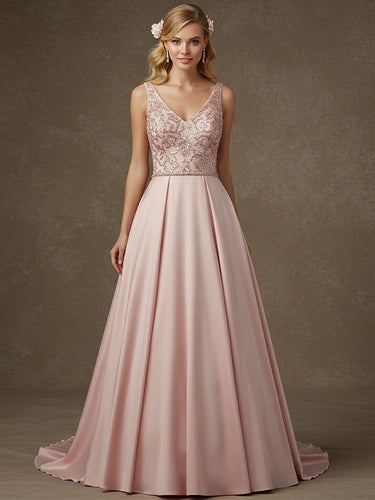 Pink A-line V-Neck Floor-Length Satin Lace Prom Dresses With Sequins