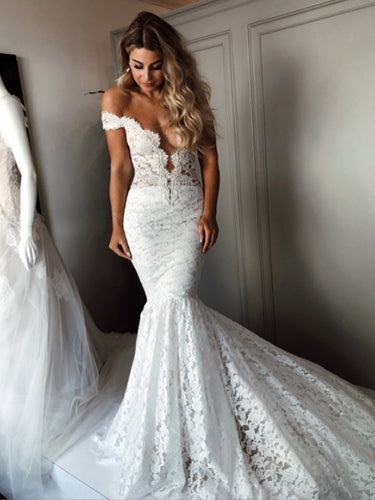 Simple Off-shoulder Mermaid Lace Long Wedding Dresses.DB10783