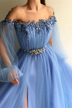 Off-the-Shoulder Long Sleeves Long Tulle Prom Dress With Beads and Slits