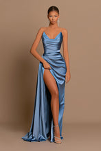 Simple Blue Satin Draped Mermaid Long Prom Dress with Slit