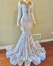White Sequins Appliques Lace Mermaid Prom Dress With Long Sleeves