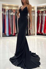 Sleek Black Charmeuse Long Mermaid Prom Gown with Spaghetti Straps