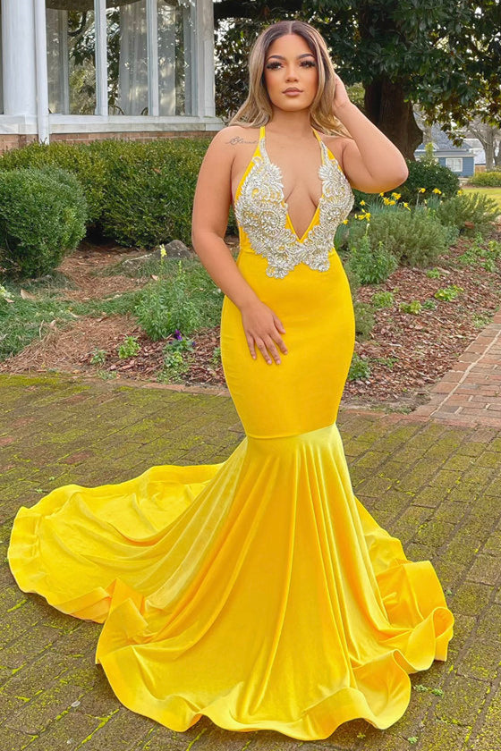 Long Mermaid V-neck Yellow Prom Dress With Applique – Anna PromDress