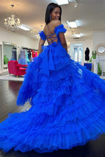 Adalynn | Royal Blue Off the Shoulder Ruffle Tiered Tulle Long Prom Dresses with Slit